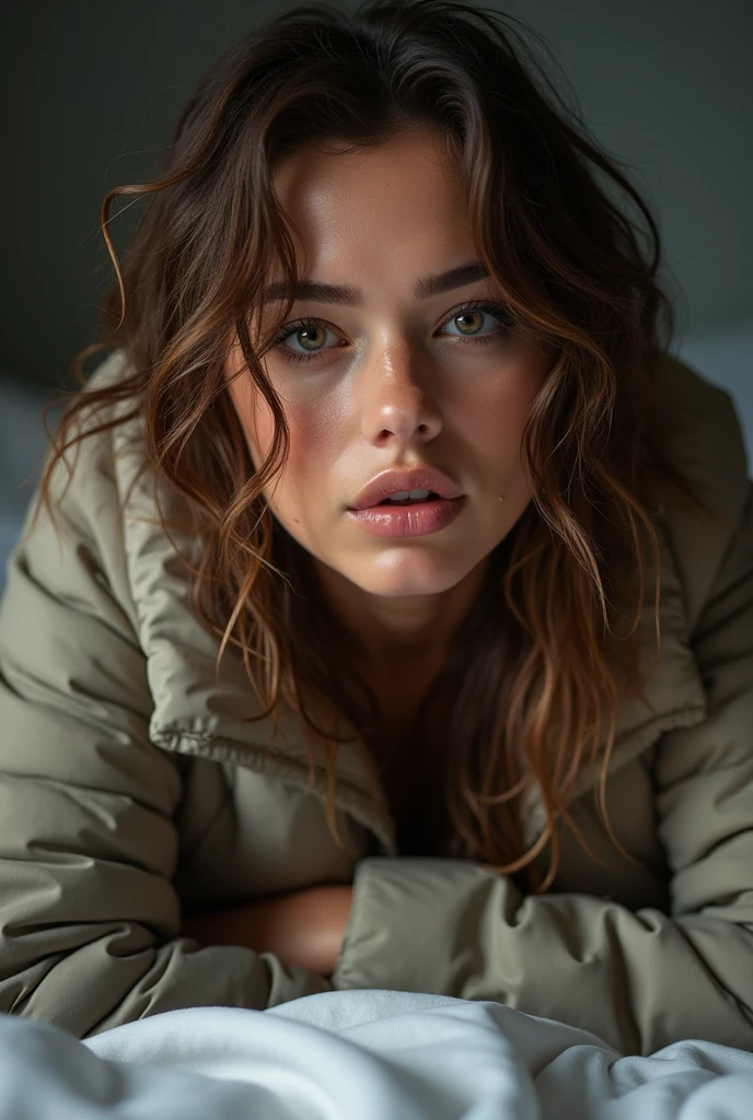 table top, highest quality, shape, Super detailed, finely, High resolution, 8k wallpaper, Perfect dynamic composition, beautiful and detailed eyes, Down jacket,wavy hair,small breasts natural color lip, bold sexy pose,smile、20 year old girl、cute、Sexy shot looking at camera,RAW photo,messy hair、A girl lay in bed, her eyes misty and seductive, biting her bottom lip,shiny eyes, looking at viewer, wet clothes, see-through clothes, nipples, wet body, wet hair, tindal effect, lens flare,shade, bloom, backlighting, depth of field, natural lighting, hard focus, film grain,detailed breasts,breast slip,Bite one's lower lip,Bite one's lower lip,The eyes are seductive and blurred, The eyes are seductive and blurredsome water vapor, sweats, deadoralive ayane,A girl lay in bed, her eyes misty and seductive, biting her bottom lip