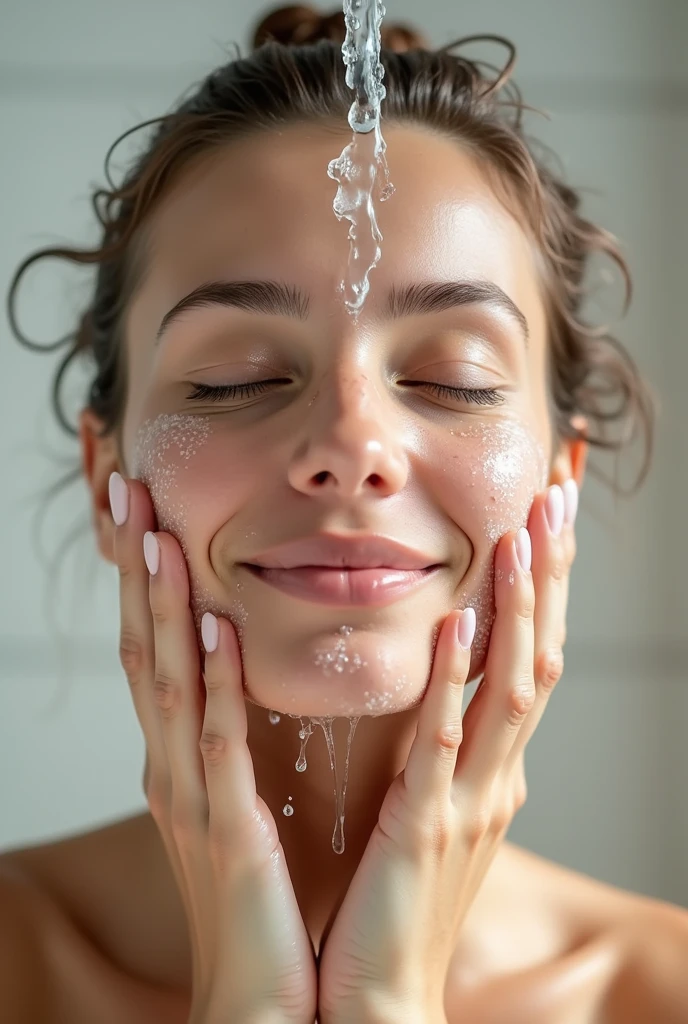 A picture of a woman washing her face with bright, moisturized skin. She is using water to wash her face with splashing water, looking refreshed.