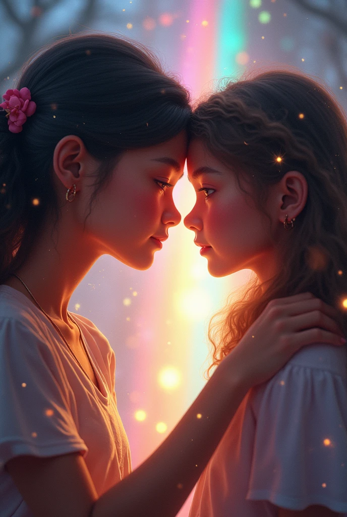 An early childhood educator with a girl next to her forehead and her eyes can be seen and through them you can see that they are imagining rainbows