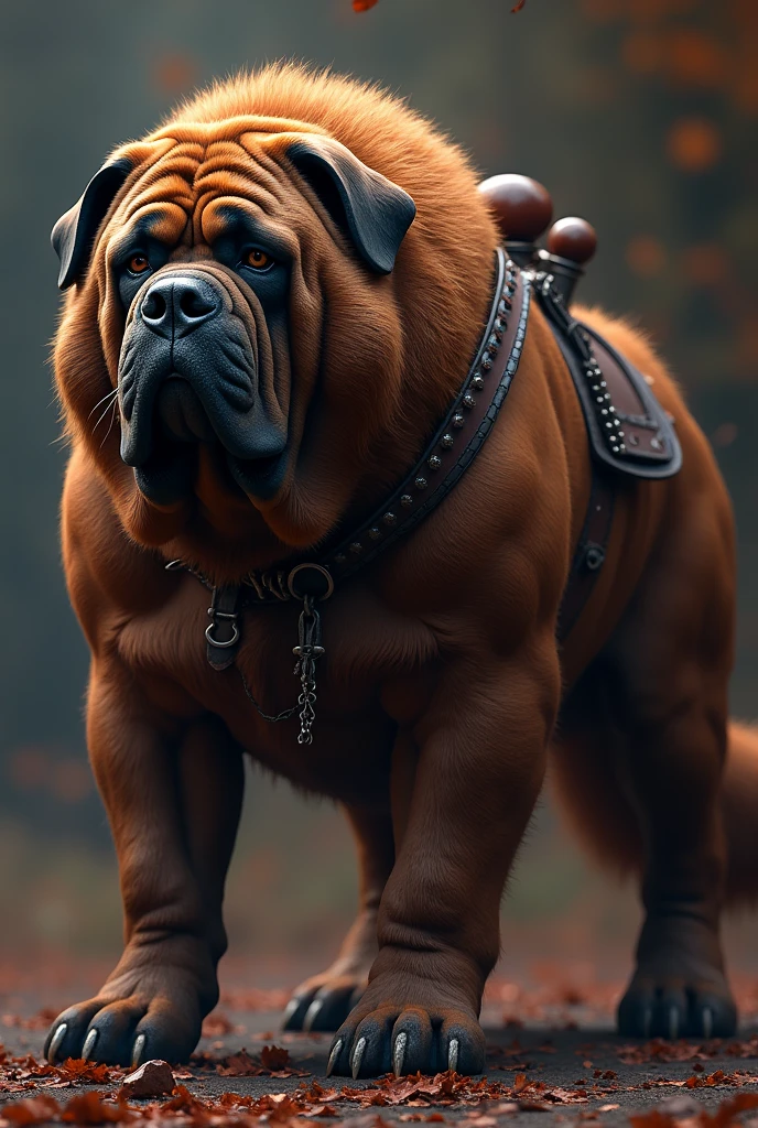 a large, muscular, mastiff dog, wearing a saddle on its back, hyperrealistic, intricate detailed fur, powerful posture, dramatic lighting, cinematic composition, rich colors, photorealistic, 8k, best quality, masterpiece