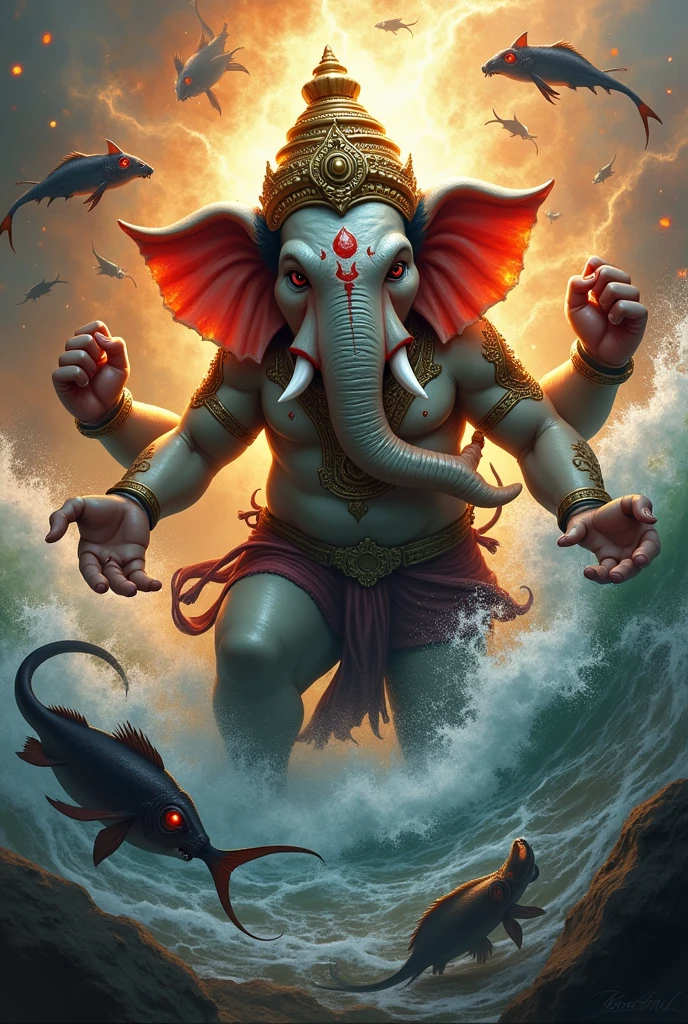 Lord ganesha with fish body angry face agressive sea background rats flying with red ant eye fighting with fighter fish
fire rain