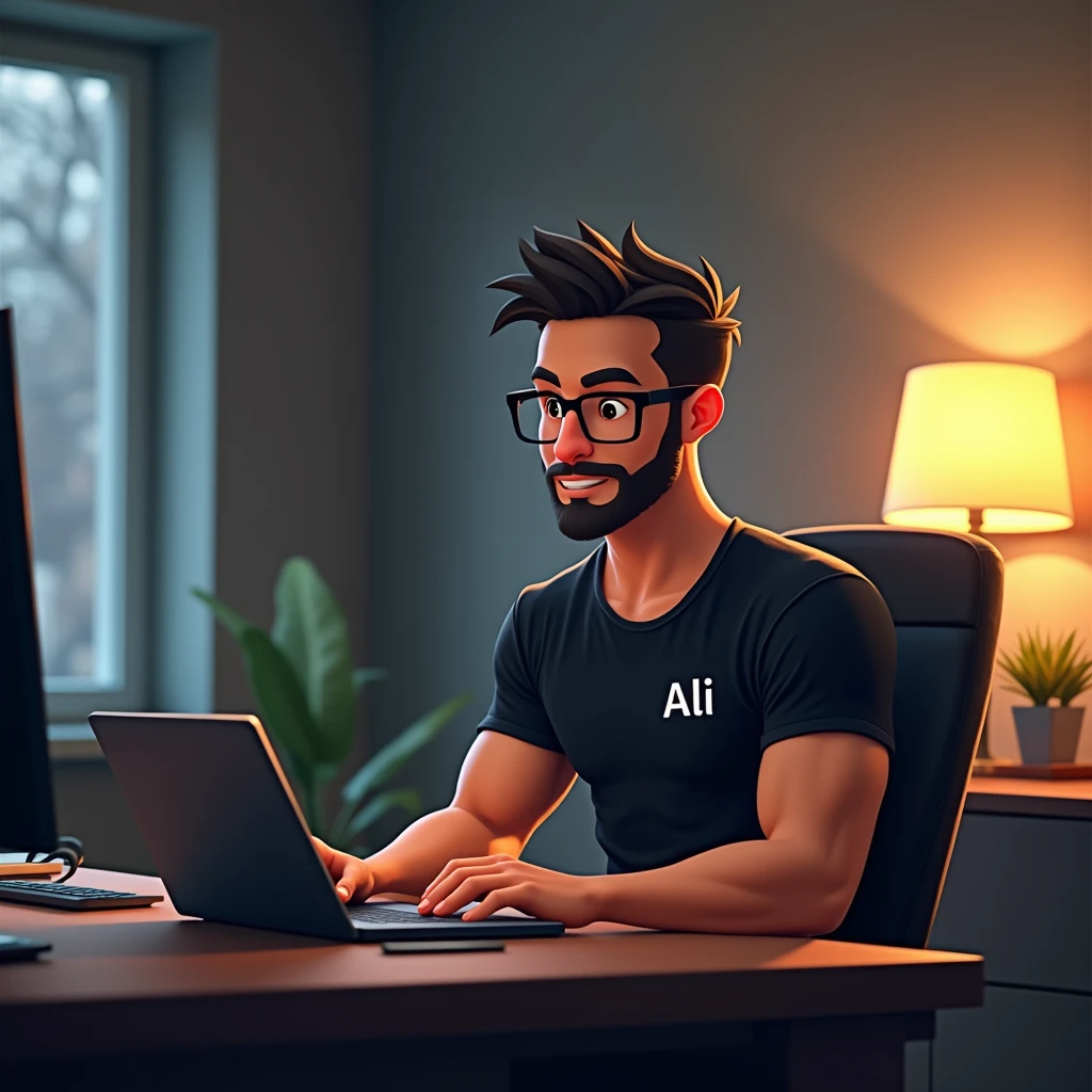 Software developer using computer and Laptop in his well architect room
He is A Lean bodybuilder wearing glasses and Black T shirt on it "Ali" is written,
( His Face should not be visible from front view and he should show his back side)
Image should be animated