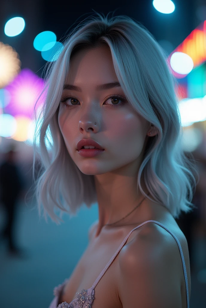 Beautiful girl with white skin, light gray hair, professional photo, realistic, against the backdrop of the festival, night