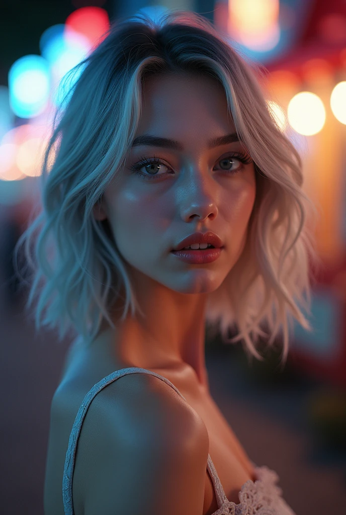Beautiful girl with white skin, light gray hair, professional photo, realistic, against the backdrop of the festival, night