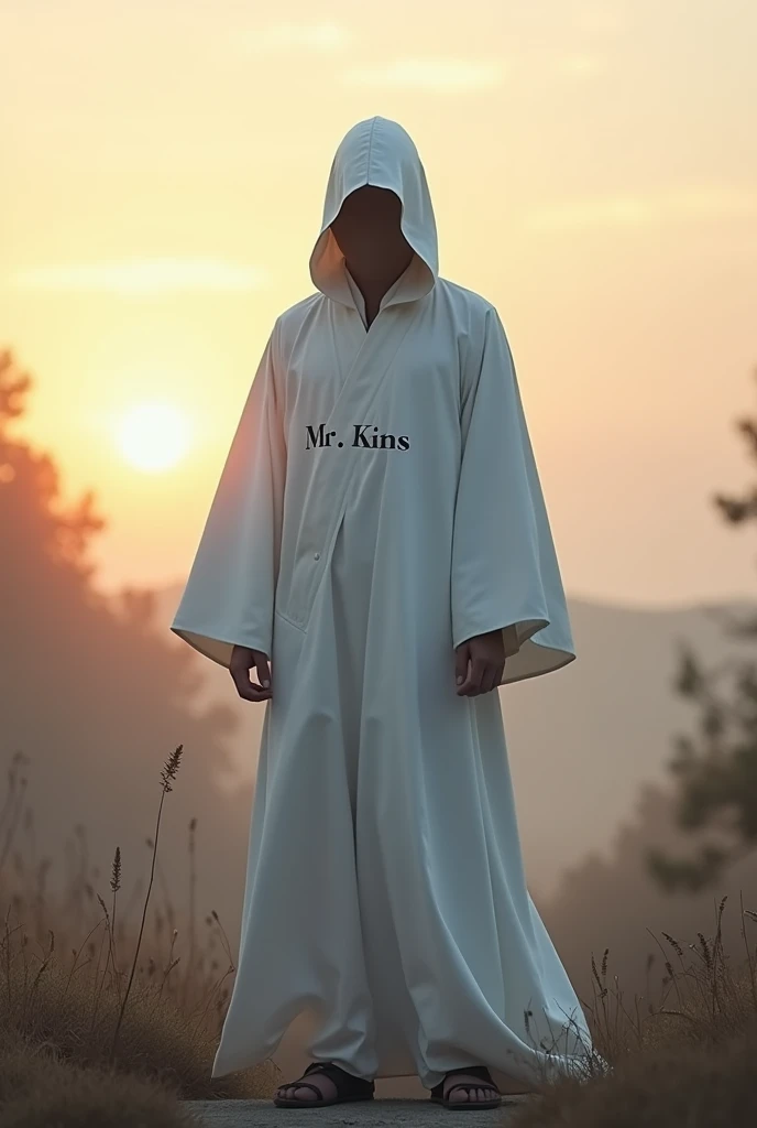 Japanese ninja in full white under the dawn with the letters Mr. KINS on the chest
