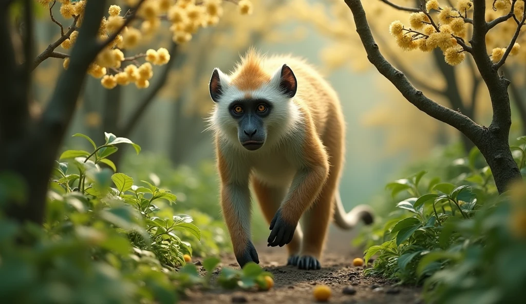 There is a wild beast in the osmanthus forest，Looks like a monkey but has white ears，Walking upright（best quality，4K，8k，High level，masterpiece：1.2），Ultra Detailed，（lifelike，Photo real，Photo real：1.37）