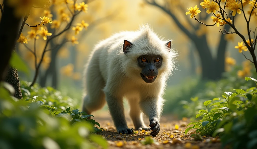 There is a wild beast in the osmanthus forest，Looks like a monkey but has white ears，Walking upright（best quality，4K，8k，High level，masterpiece：1.2），Ultra Detailed，（lifelike，Photo real，Photo real：1.37）