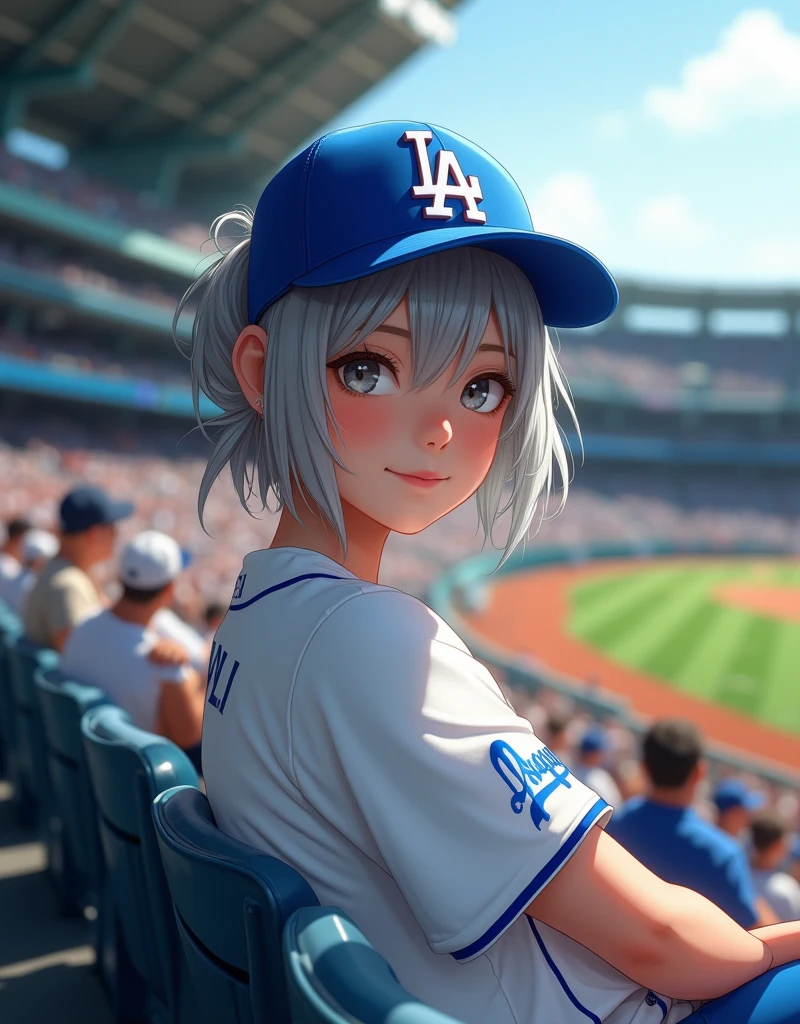 nsfw (RAW Photos, Highest quality, masterpiece: 1.2), (Realistic: 1.4), Best lighting, 20-year-old,Beauty (Light grey hair, Shortcuts, Hair above the ears, Symmetrical eyes, Fair skin, alone, Detailed skin, Detailed Background:1.2),　Front view, smile, Angle from field to spectator seating, Sitting in the stands at a baseball stadium watching the game, Holding the iPhone 15 Pro in one hand, Many spectators, Wearing a Los Angeles Dodgers baseball cap and Los Angeles Dodgers uniform, Large Breasts,Big Breasts， accessories, Tie your hair back, Daytime, Exposure to sunlight