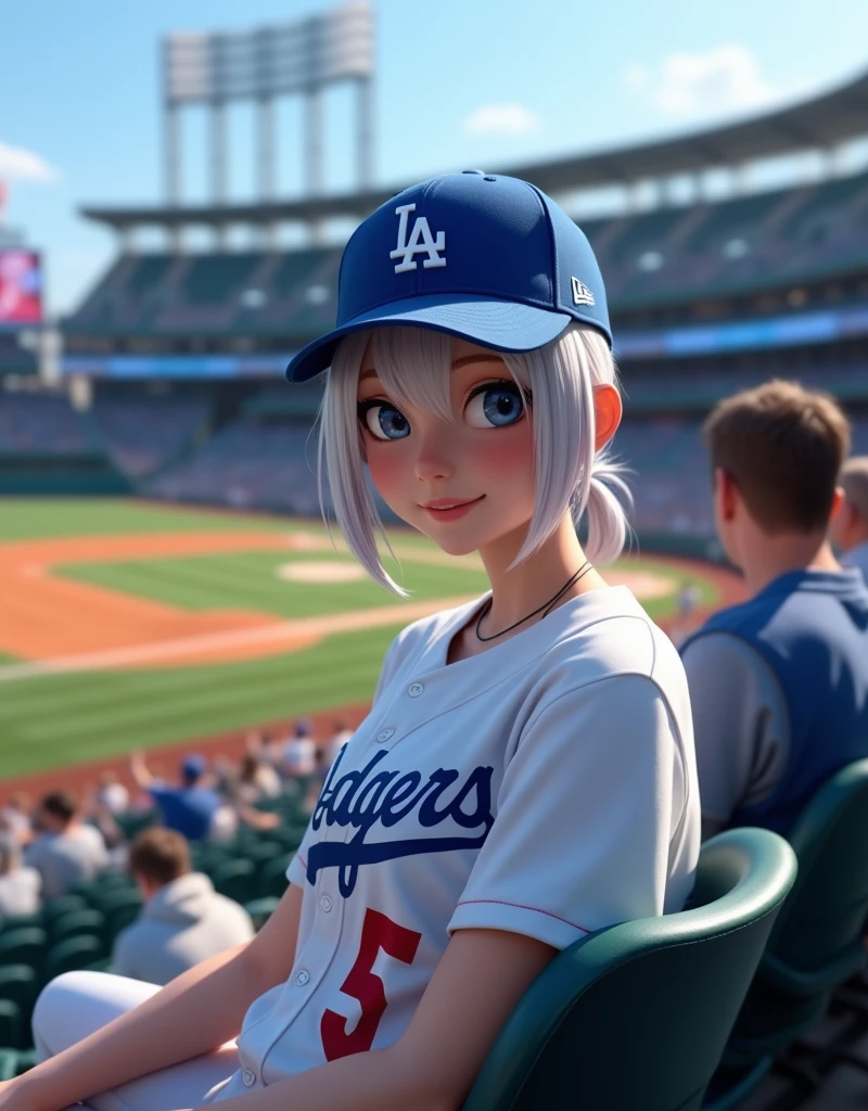 nsfw (RAW Photos, Highest quality, masterpiece: 1.2), (Realistic: 1.4), Best lighting, 20-year-old,Beauty (Light grey hair, Shortcuts, Hair above the ears, Symmetrical eyes, Fair skin, alone, Detailed skin, Detailed Background:1.2),　Front view, smile, Angle from field to spectator seating, Sitting in the stands at a baseball stadium watching the game, Holding the iPhone 15 Pro in one hand, Many spectators, Wearing a Los Angeles Dodgers baseball cap and Los Angeles Dodgers uniform, Large Breasts,Big Breasts， accessories, Tie your hair back, Daytime, Exposure to sunlight