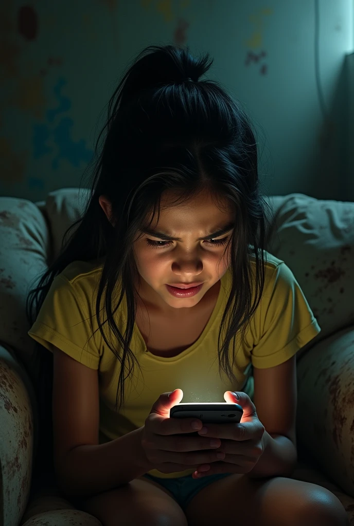 one pinoy teen girl holding a phone and madly typing, dark dirty, are in rage sitting in a couch apart