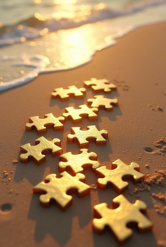 Pieces of a golden puzzle thrown into the sand on the beach
