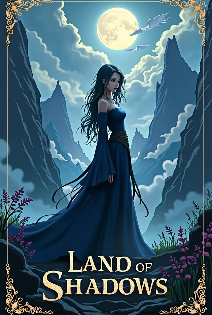 Make me a anime book cover with the title land of shaodows with a demension of 800 * 600