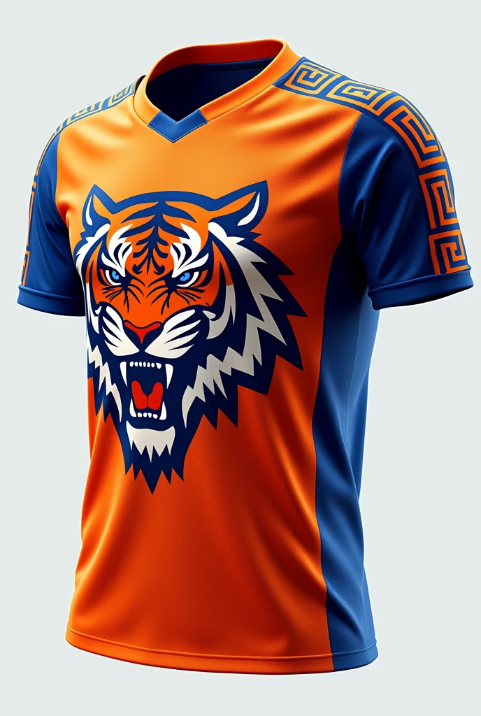 A model of a men&#39;s futsal shirt in orange with blue details, with a tiger claw on the chest of the small blouse, lots of details a claw on the back. Greek pattern sleeve details.