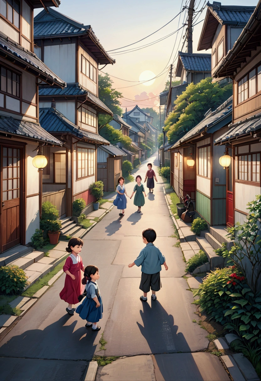 Showa era residential area、evening、The smell of curry fills the air、Children playing on the road、Realistic texture、Realistic images、Very detailed