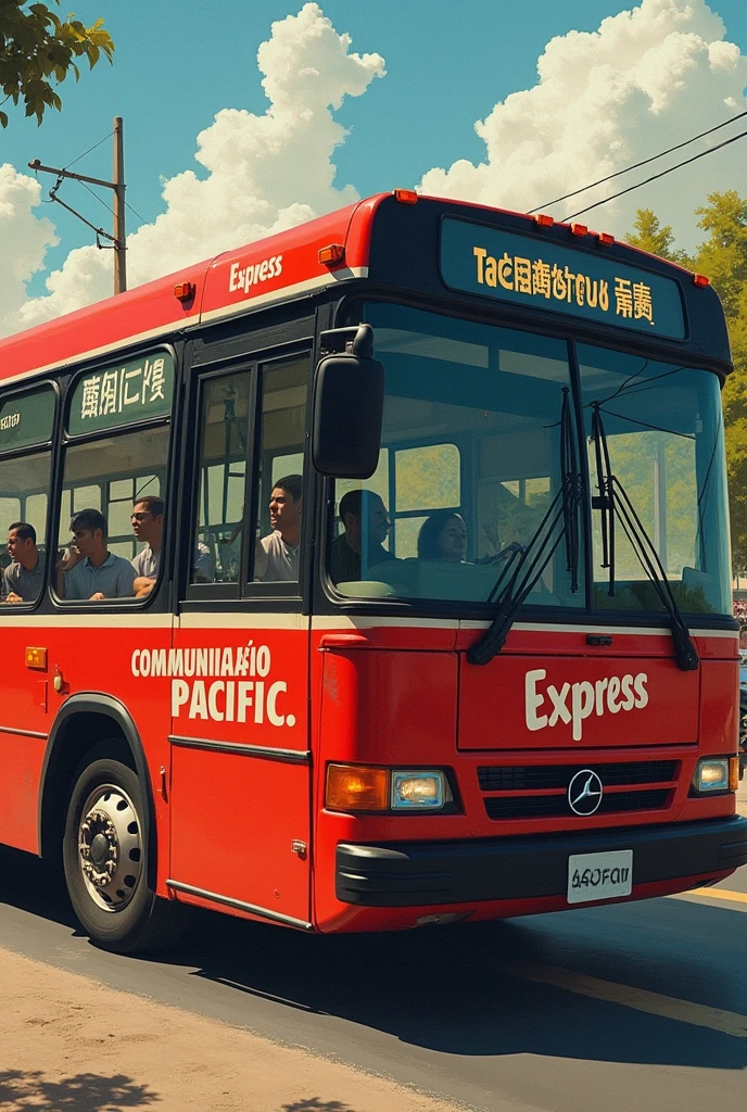 Make a painting involving a nonviolent communication campaign on a bus, with the theme awareness, All in Portuguese, bus with gray and red colors similar to the bus of the Brazilian company Express. There doesn't need to be a drawing all over the bus. but it needs to have phrases like: "Peaceful communication, smooth journey"
put the sentences in Brazilian Portuguese. everything.