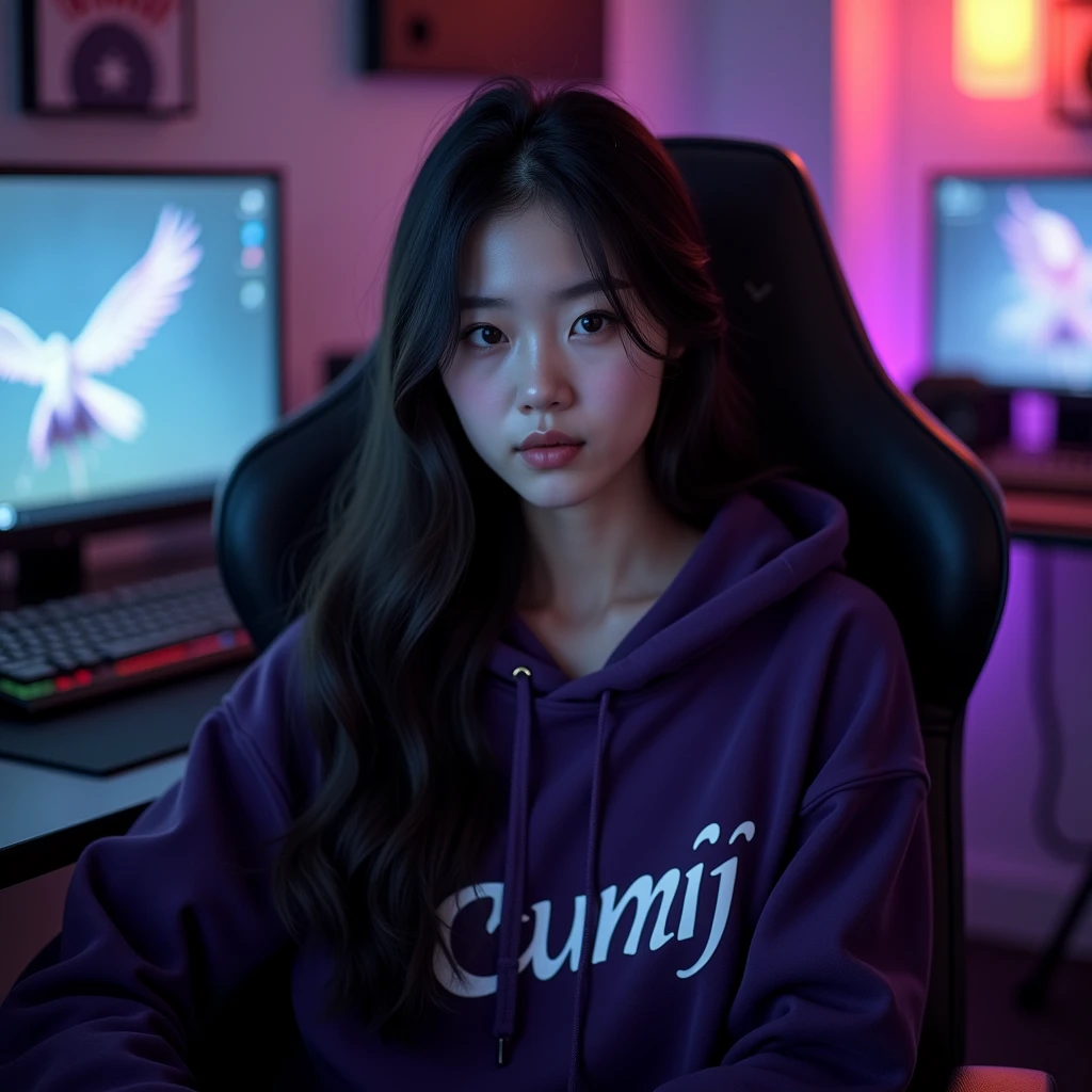 A beautiful Korean woman with long hair , sitting in a gaming chair wearing a dark purple hoodie with a name on it " cumiii "