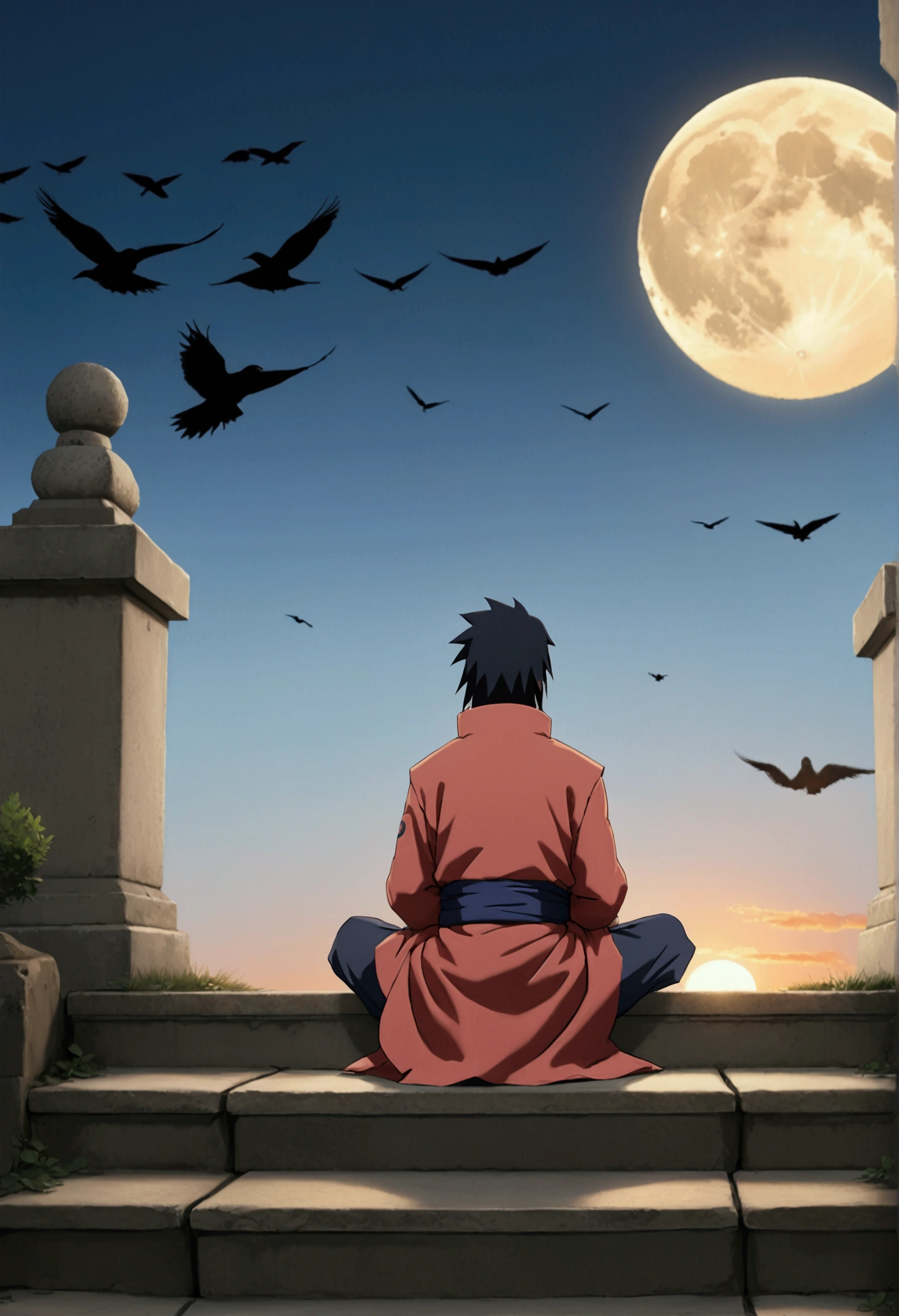 anime man sitting on steps looking at the moon and flying birds, itachi uchiha, inspired by Josetsu, itachi, inspired by Nōami, quiet and serene atmosphere, inspired by Kanō Hōgai, beautiful anime scene, watching the sun set. anime, inspired by Asai Chū, anime wallpaper 4k, anime wallpaper 4 k