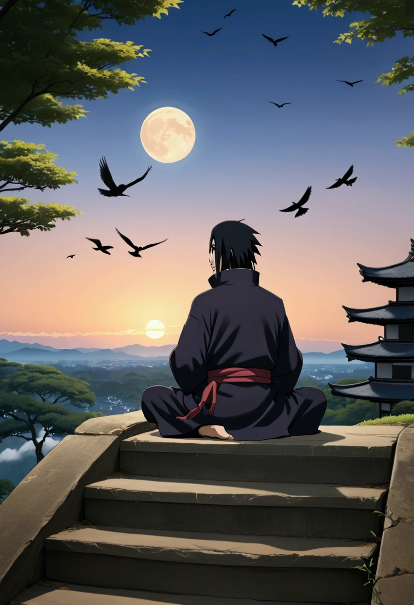 anime man sitting on steps looking at the moon and flying birds, itachi uchiha, inspired by Josetsu, itachi, inspired by Nōami, quiet and serene atmosphere, inspired by Kanō Hōgai, beautiful anime scene, watching the sun set. anime, inspired by Asai Chū, anime wallpaper 4k, anime wallpaper 4 k