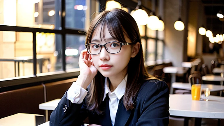 Girl studying in a café　City night view　　Wearing glasses　Wearing a uniform　Real
