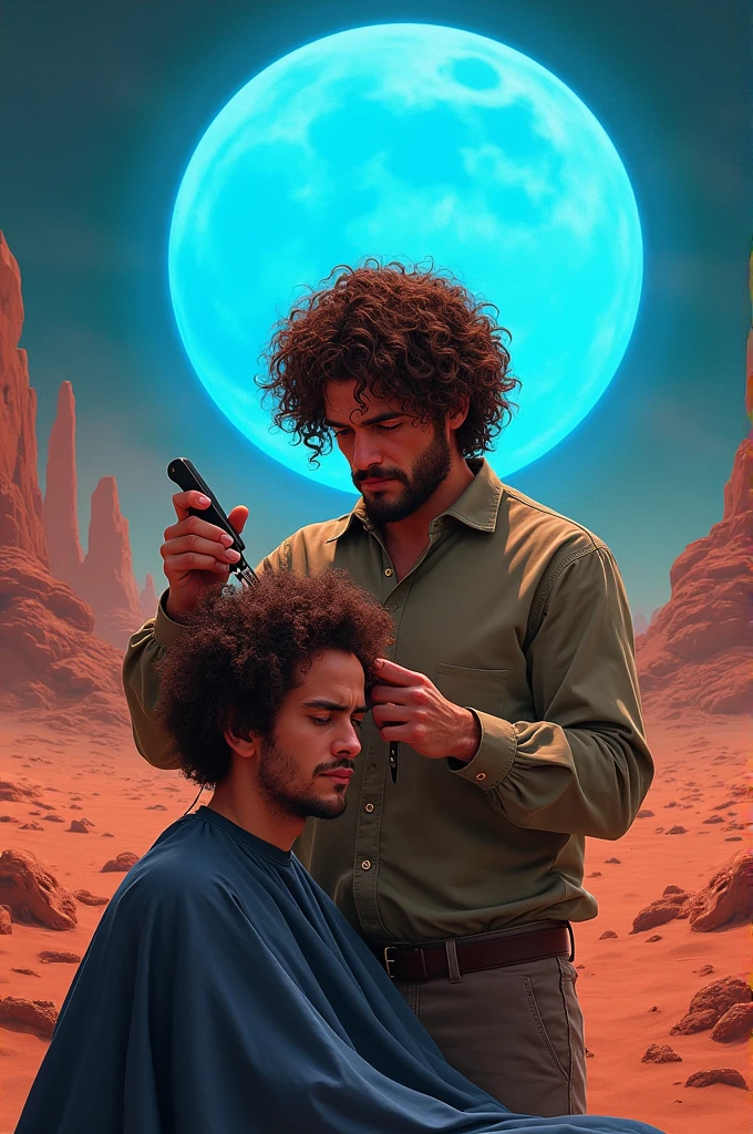 A guy with curly hair cutting curly hair on Mars with a blue sun