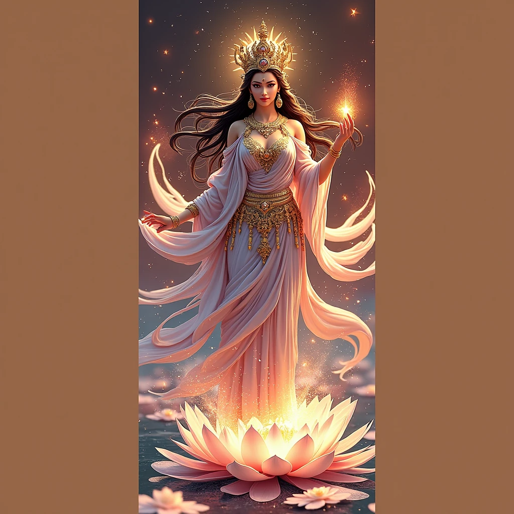 A beautiful goddess standing on a lotus, goddess of prosperity and wealth, intricate detailed ornate golden jewelry, flowing ethereal dress, serene expression, long flowing hair, surrounded by magical glowing particles, dramatic lighting, cinematic composition, fantasy, highly detailed, 8k, photorealistic