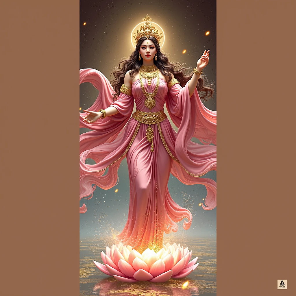 A beautiful goddess standing on a lotus, goddess of prosperity and wealth, intricate detailed ornate golden jewelry, flowing ethereal dress, serene expression, long flowing hair, surrounded by magical glowing particles, dramatic lighting, cinematic composition, fantasy, highly detailed, 8k, photorealistic