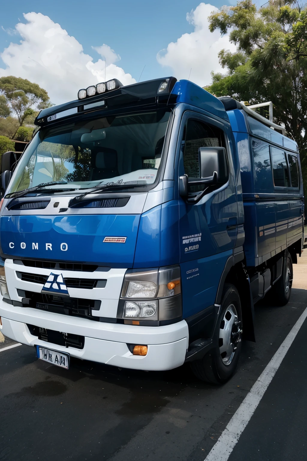 For me, draw a Mitsubishi Canter bus with a white and blue themed livery with the addition of the PT Sucofindo company logo and the ID Survey logo and the words BUMN written on it.