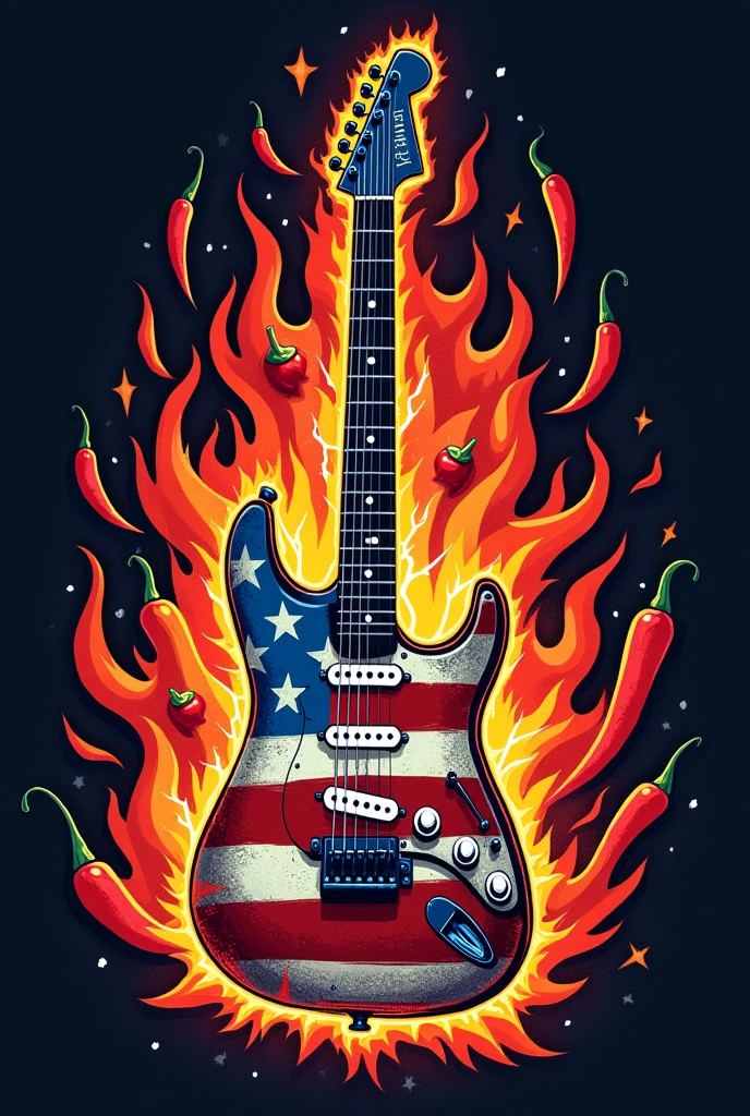 "Create a stunning and dynamic logo for the music band 'Red Hot Chili Peppers' that blends American political themes with their iconic rock style. At the center, feature an electric guitar with an American flag motif, where the body of the guitar displays bold stars and stripes. The guitar should appear as if it is on fire, with realistic flames engulfing its neck and body. Intertwined with the flames, incorporate chili peppers that are bursting with energy, adding a sense of movement and intensity to the design.Include the band name, 'Red Hot Chili Peppers,' in a bold, distressed typography that resembles old-school rock posters, with the letters appearing cracked or weathered to convey a rebellious, rugged feel. Surround the guitar with subtle yet intricate elements like music notes, lightning bolts, and abstract shapes to enhance the sense of dynamism. The color scheme should be vibrant, featuring deep reds, electric blues, and bright whites, with touches of gold and silver for added depth and contrast. The overall design should be visually explosive and memorable, perfectly capturing the band's energetic and politically-charged essence."