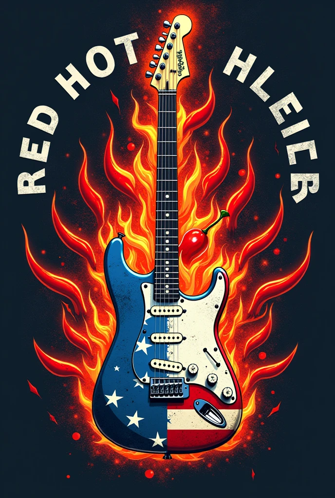 "Create a stunning and dynamic logo for the music band 'Red Hot Chili Peppers' that blends American political themes with their iconic rock style. At the center, feature an electric guitar with an American flag motif, where the body of the guitar displays bold stars and stripes. The guitar should appear as if it is on fire, with realistic flames engulfing its neck and body. Intertwined with the flames, incorporate chili peppers that are bursting with energy, adding a sense of movement and intensity to the design.Include the band name, 'Red Hot Chili Peppers,' in a bold, distressed typography that resembles old-school rock posters, with the letters appearing cracked or weathered to convey a rebellious, rugged feel. Surround the guitar with subtle yet intricate elements like music notes, lightning bolts, and abstract shapes to enhance the sense of dynamism. The color scheme should be vibrant, featuring deep reds, electric blues, and bright whites, with touches of gold and silver for added depth and contrast. The overall design should be visually explosive and memorable, perfectly capturing the band's energetic and politically-charged essence."