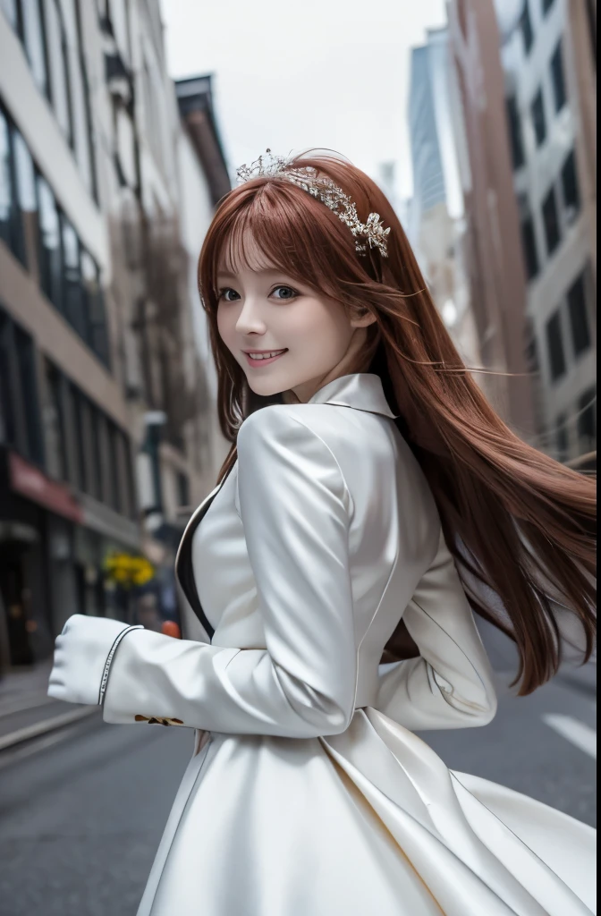 ((masterpiece,Highest quality)),8K RAW Photos, One girl,sexy mana, Long Hair, Redhead, alone, dress, Red eyes, View your viewers, Long sleeve, Are standing, building, white dress, gloves, hair ornaments, Black jacket, smile, Floating Hair, Dutch Angle, Mouth closed, avert your eyes, Outdoor