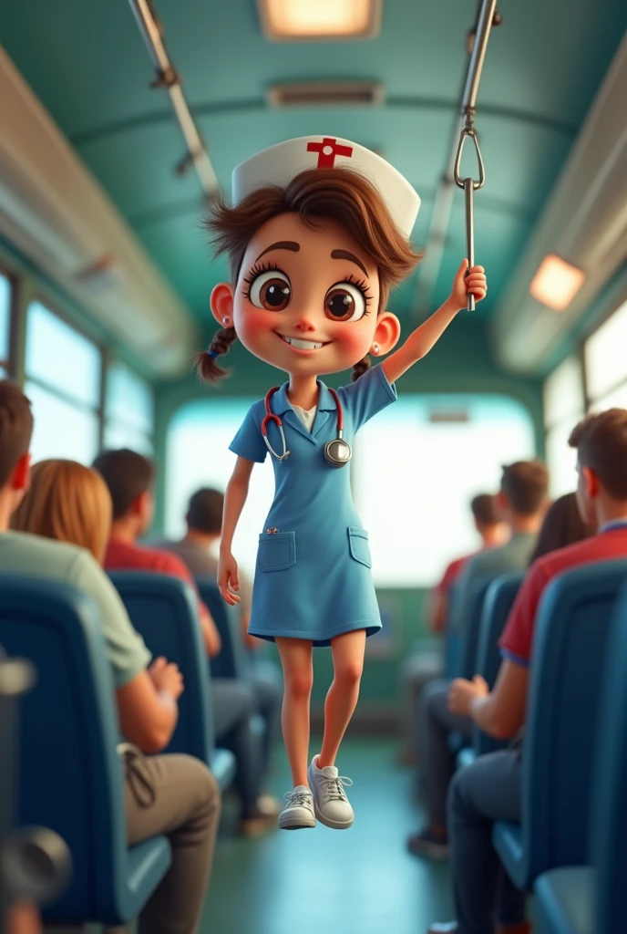 Nursing student on bus. Standing Supported by metal tube ,funny cartoonish design in miniature size