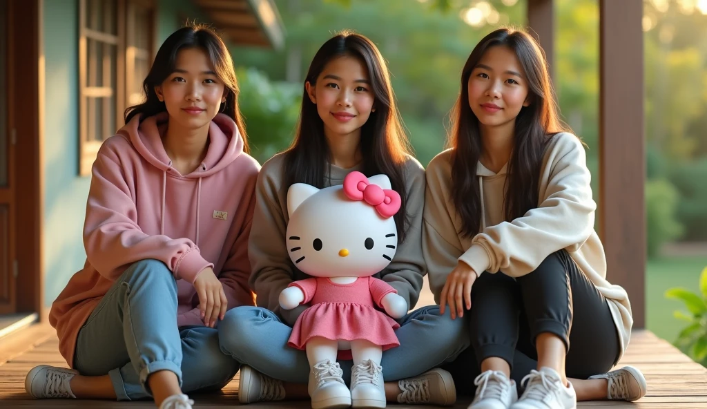 3 beautiful Indonesian adult women, loose hair, big nose, wear a hoodie, long pants, wear sneakers, all faces facing the front camera, sit down, hand holding a hello kitty doll, on the front porch of the village house, beautiful morning atmosphere, ultra details, minim diffect, realistic, 8k quality image