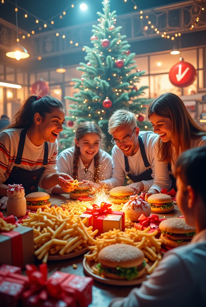 IMAGE OF GIFTS AND RAFFLES FOR CHRISTMAS WITH EYE-CATCHING BACKGROUND AND VERY HAPPY WORK ENVIRONMENT WITH MUSIC MORE THAN 5 PEOPLE WITH A TREE AND LOTS OF HAMBURGERS MORE THAN 10 AND FRIES