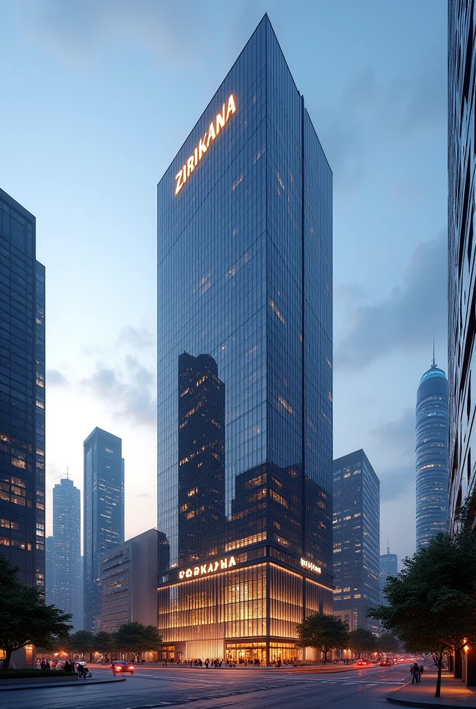 A Tall building in the city with the name ZIRIKANA on its entrance 