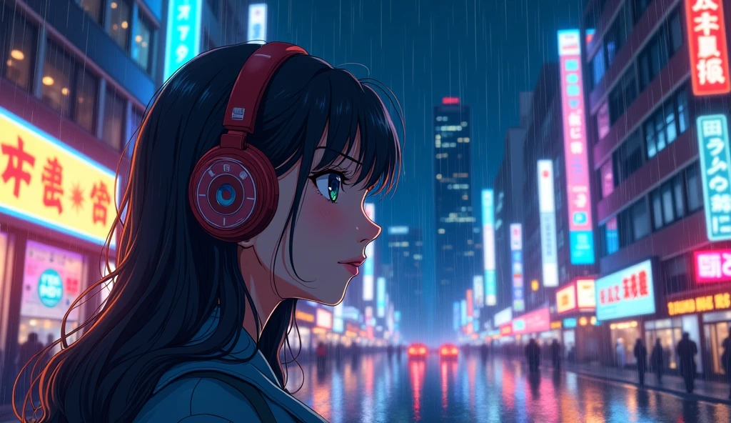 Perfect image, 8k, high school girl、 Using headphones, 2D-style animation, Lo-Fi, Big cities overseas、A bright night、rain、Emotional、Retro、Anime style illustrations