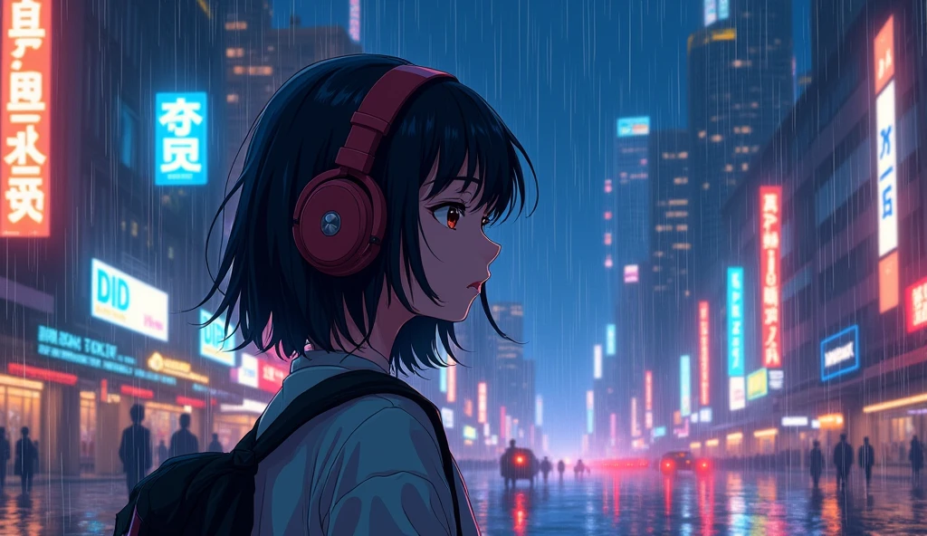 Perfect image, 8k, high school girl、 Using headphones, 2D-style animation, Lo-Fi, Big cities overseas、A bright night、rain、Emotional、Retro、Anime style illustrations