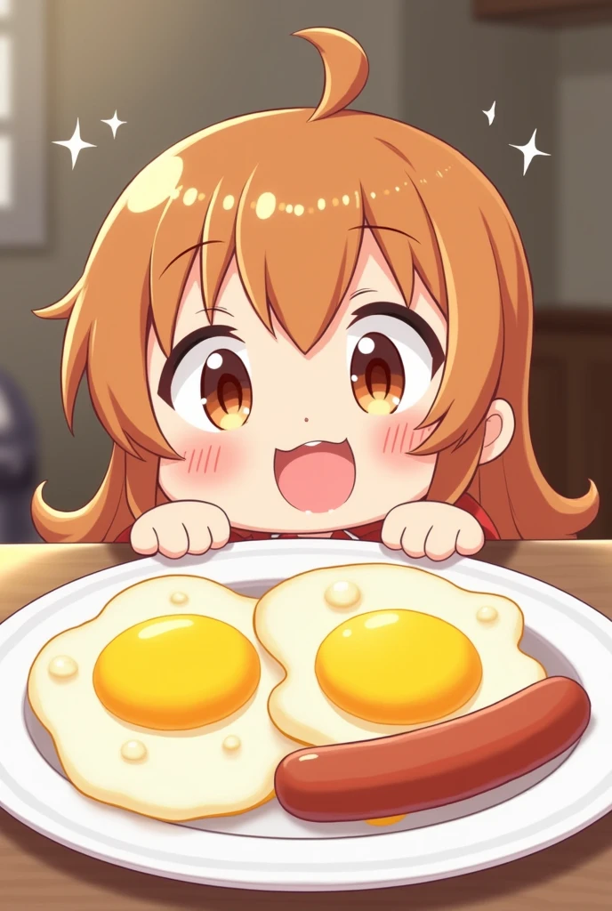Japanese cartoons, Cartoon shading, illustration,2D, 2D Digital Art,Delicate contour lines,, sharp illustrations,rest,Joyful scene,Sparkling Fried Eggs,Fried Eggs, Wiener, eyes sparkling at the sight of Fried Eggs, Slobber, Smiley Face, Lovely,