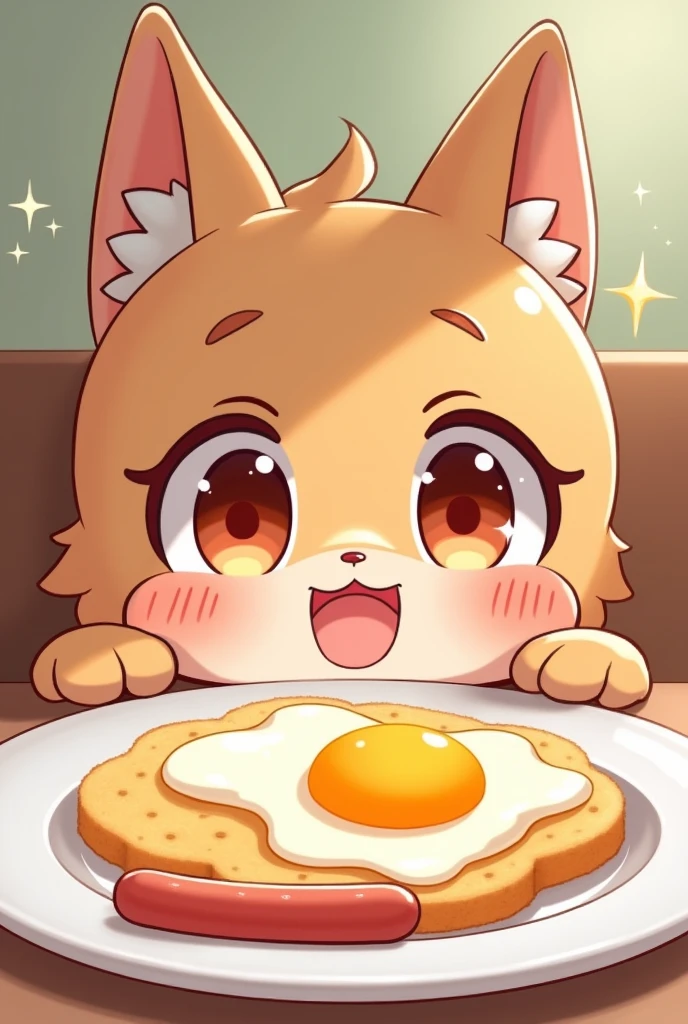 Japanese cartoons, Cartoon shading, illustration,2D, 2D Digital Art,Delicate contour lines,, sharp illustrations,rest,Joyful scene,Sparkling Fried Eggs,Fried Eggs, Wiener, eyes sparkling at the sight of Fried Eggs, Slobber, Smiley Face, Lovely,