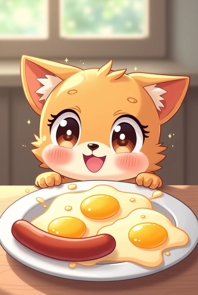 Japanese cartoons, Cartoon shading, illustration,2D, 2D Digital Art,Delicate contour lines,, sharp illustrations,rest,Joyful scene,Sparkling Fried Eggs,Fried Eggs, Wiener, eyes sparkling at the sight of Fried Eggs, Slobber, Smiley Face, Lovely,