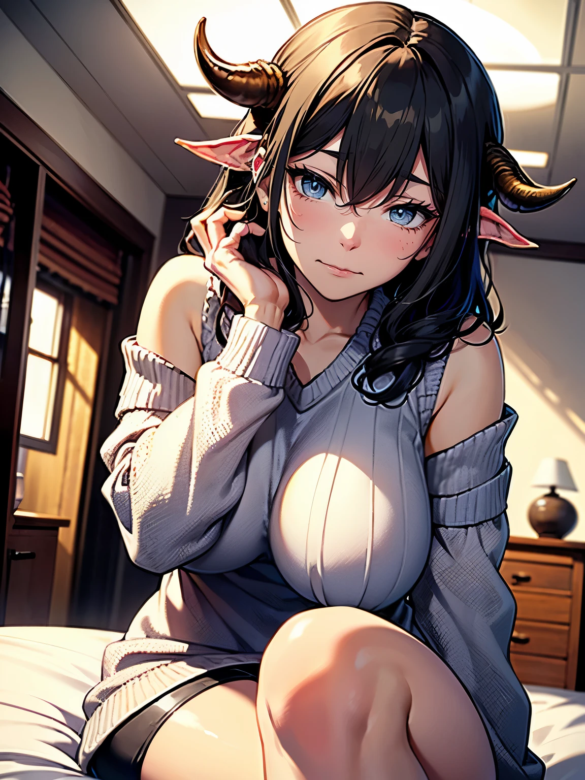 ((Seductive lady:1.3, solo:1.2))、((fusion of sheep and lady:1.5))、((sheep horn:1.5))、((cowboy shot:1.3))、((from below:1.2))、((at the bedroom:1.4))、((sitting on the bed:1.3))、 ((wariza:1.5))、((off-shoulder sweater:1.5))、((white sweater:1.5))、((sleeveless:1.3))、((breasts close-up))、((huge breasts:1.4))、((arms behind head:1.2))、((thick thighs))、Soft Shadow、((Glossy realistic skin texture:1.2))、((shiny skin:1.2))、((Meticulously drawn hands))、art stations、perfect anatomy、masterpiece, absurdres, Top image quality, Smooth texture、Sharp Focus, soft color