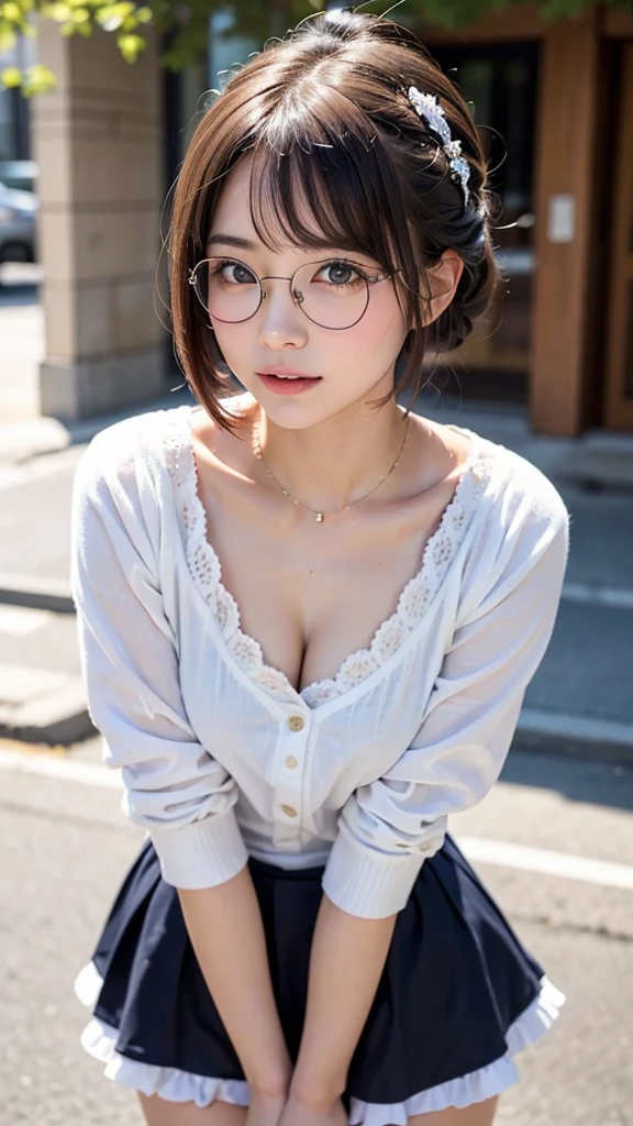 (masterpiece, Best Quality:1.2), 8K, 1 girl, 1 Japanese girl, 85 mm, Official art, Raw photo, Pretty Face, close up, face focus, cute Girl, Cinch waist, beauty thighs, soaking wet, sweat, medium breasts, frilled maid costume with many laces, large round glasses, standing, leaning forwards, on a street, Looking at Viewer, No makeup, (aroused, embarrassed, blush :1.2), Film grain, chromatic abberation, Sharp Focus, face lights, clear lighting, Teen, Detailed face, Bokeh background