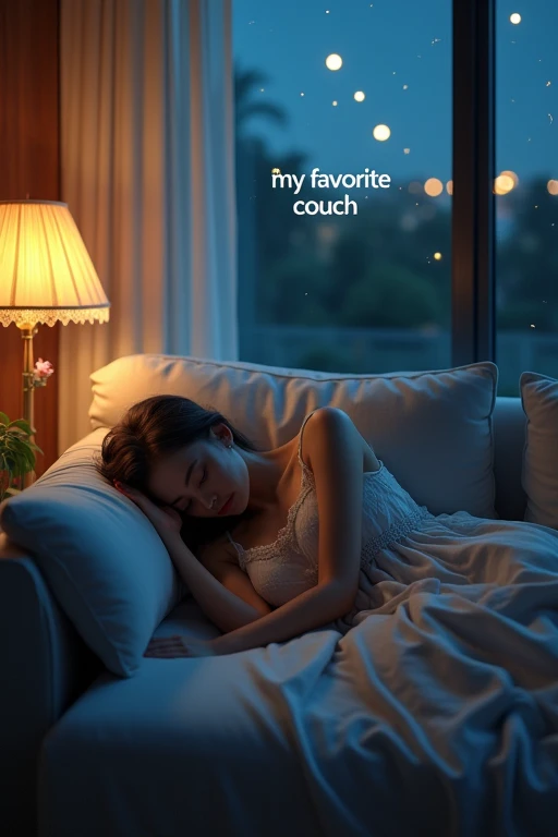 ((best quality)), ((masterpiece)), (detailed), 1girl, sexy((masterpiece, highest quality, Highest image quality, High resolution, photorealistic, Raw photo, 8K, Extremely detailed CG unified 8k wallpaper)), (huge stunning goddess shot, very hot and sexy, jaw-dropping beauty, perfect proportions, beautiful body, slim body beauty:1.4), The last scene of a romantic film, a woman sleeping on her favorite couch on a midnight ,a gentle breeze gently shaking the lace curtains, “my favorite couch” written in the center of the screen, (view from above:1.2),wearing night wears,midnight landscape ,night view,long hair,shooting stars
