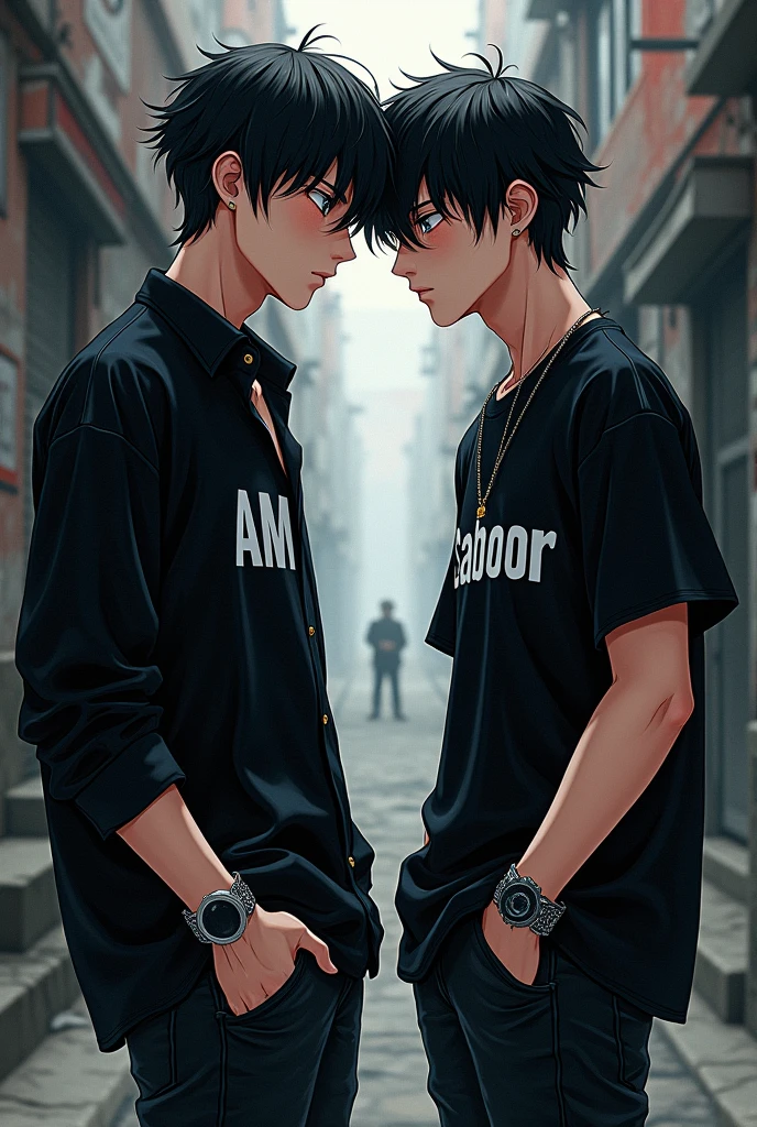 Anime two bad boys in black shirt One them boy shirt written AMAD and other boy shirt written SABOOR