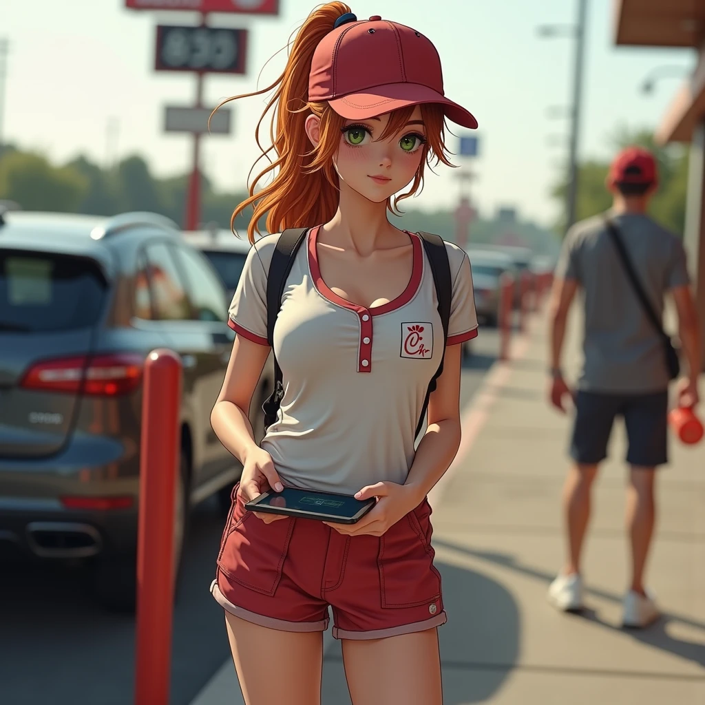 photo of 1girl, beyond stunning, , (slender petit frame:1.2), (large naturally sagging breasts:1.2), (braless, cleavage), beautiful detailed green eyes, redhead, long hair in wind-blown ponytail with loose tendrils framing her face, (pretty:1.2), very pale skin, taking viewer's order, (standing outside beside the drive thru line with a tablet:1.3), (Chick-Fil-A, wearing a cute work uniform with ((short shorts)), Henley shirt, (visor:1.1), white sneakers), (best quality,4k,8k,highres,masterpiece:1.4),ultra-detailed,(realistic,photorealistic,photo-realistic:1.6),HDR,studio lighting,vivid colors,bokeh,(girl's emotions: bashful, coy, demure, coquettish, awkward),(viewer's emotions: aroused, attracted, lust, infatuation, fascination, seduced), (Scene: viewer pulled into line to order and noticed her, instantly falling in love), line of cars, fast food restaurant, parking lot, pedestrians passing by with fast food items