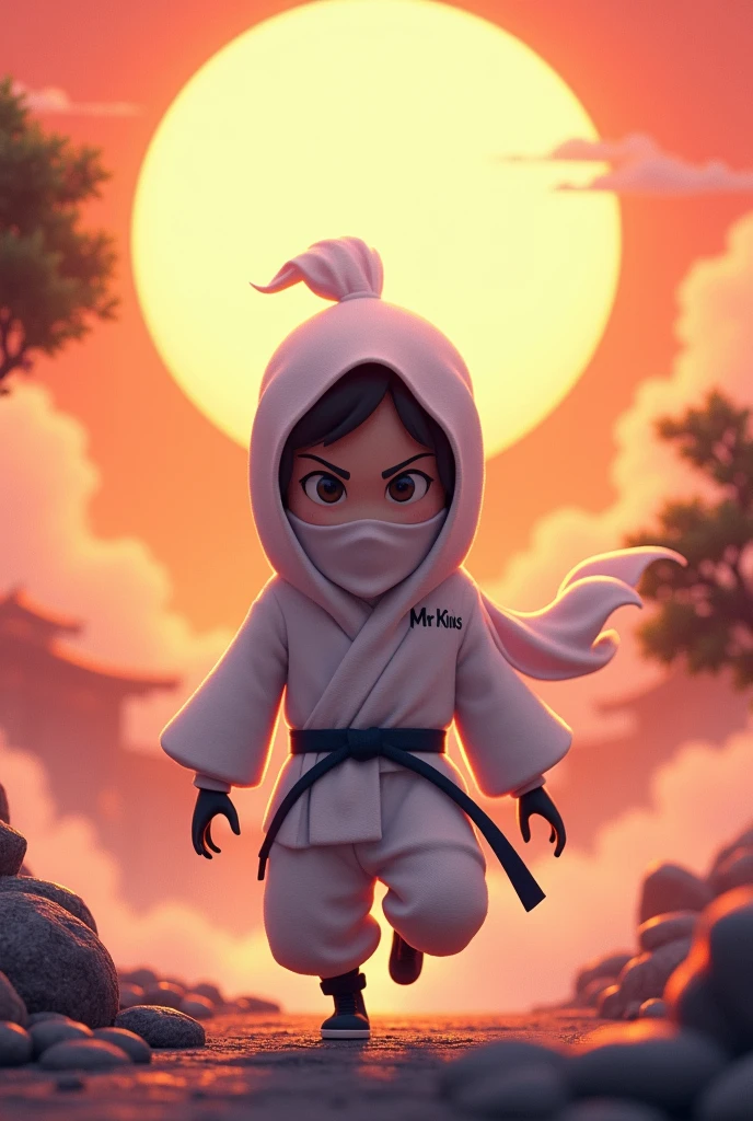 Animated Japanese ninja in full white under the dawn with the letters Mr. KINS on the chest