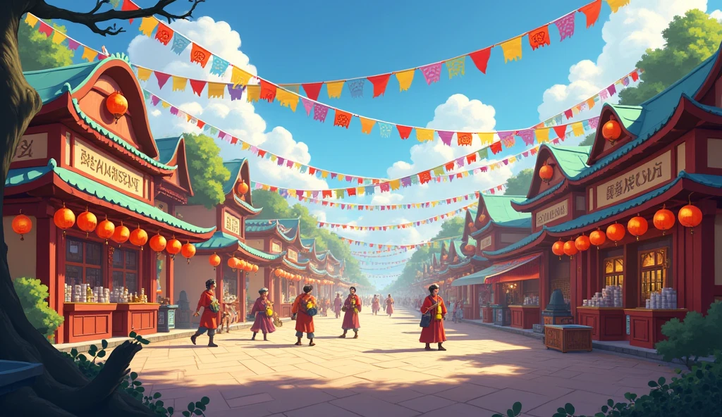 Festival Preparations: The village square decorated with colorful flags, banners, and lanterns for the festival, with villagers setting up stalls and arranging items for the upcoming competition.