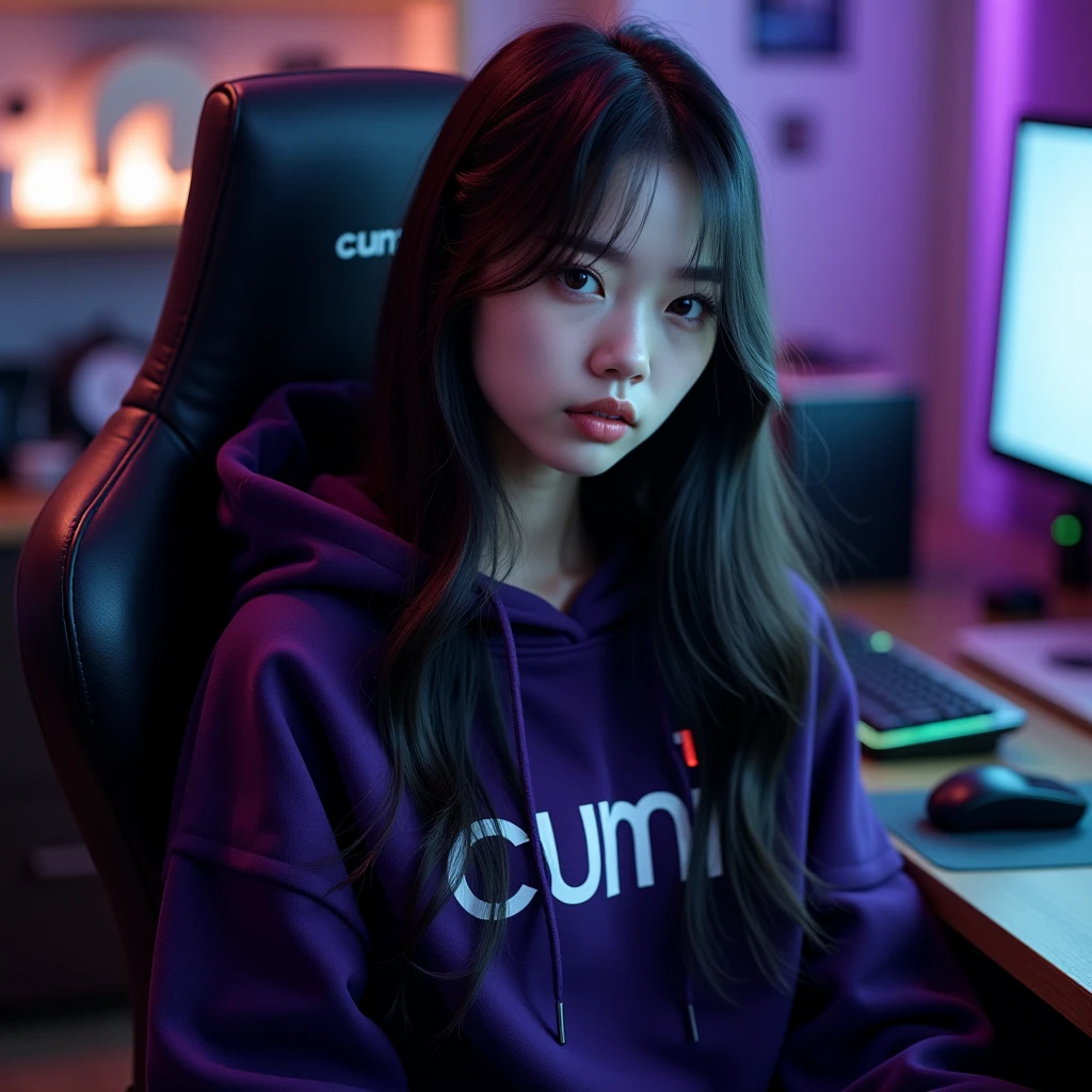 A beautiful Korean woman with long hair , sitting in a gaming chair wearing a dark purple hoodie with a name on it " cumiii "