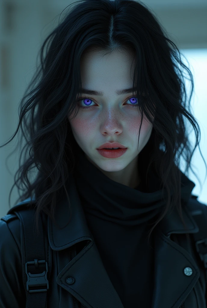 Crow's appearance, she naturally has a rather pale complextion, matched with her black wavy hair and unique vibrant violet eyes a rare eye color, this paired with light tactical gear, she also has an assassin vibe