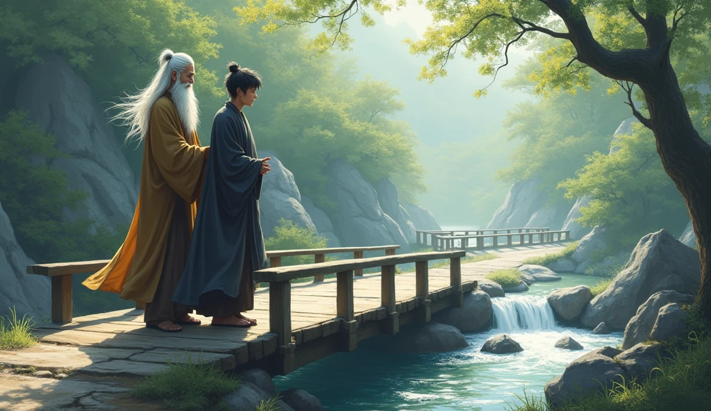 Master Koji leads Hiro a  boy to a small wooden bridge that crosses a gently flowing stream. The bridge is simple but elegant, fitting seamlessly into the natural surroundings. Hiro watches the water flow over rocks and around bends, his dark robe fluttering slightly in the breeze. Koji, standing beside him, with his white hair tied back and his beard flowing, speaks of the importance of adapting to change. The stream’s soft, steady flow embodies the lesson of flexibility and resilience