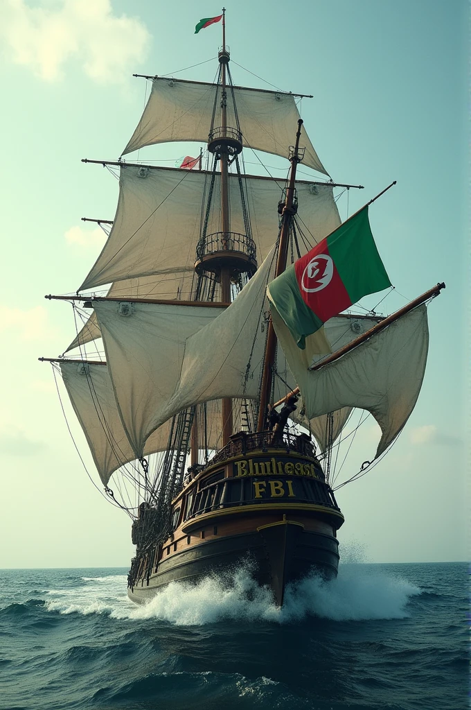 A big pirate ship on it an Algerian flag written on it FBI